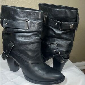 Leather Boots w/ Straps Women's Black Heels Straps Sz 7 1/2M